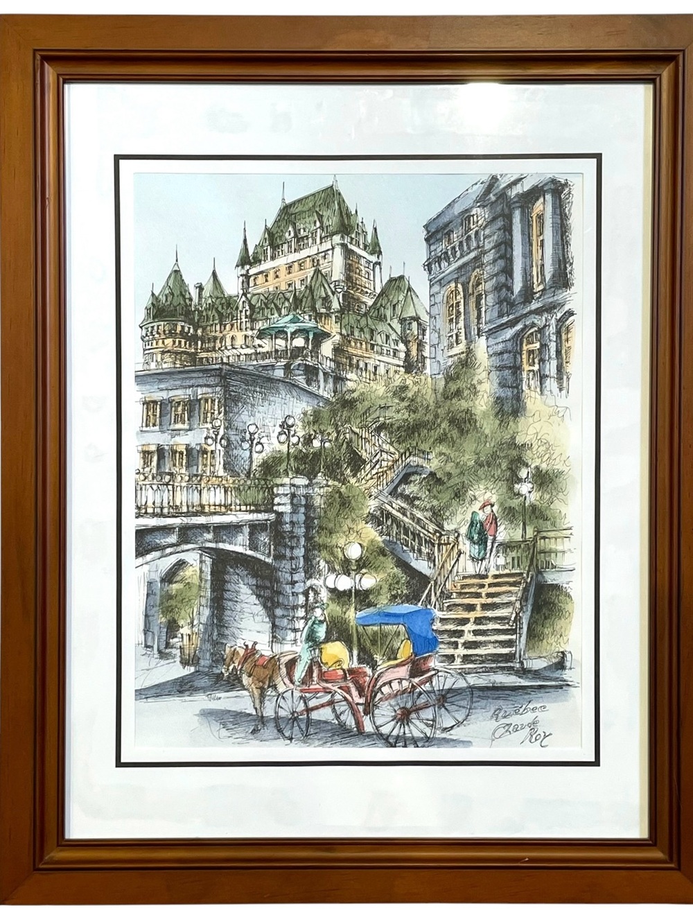 Vintage 1970s Claude Roy Framed Colorful Print Chateau Frontenac Old Quebec